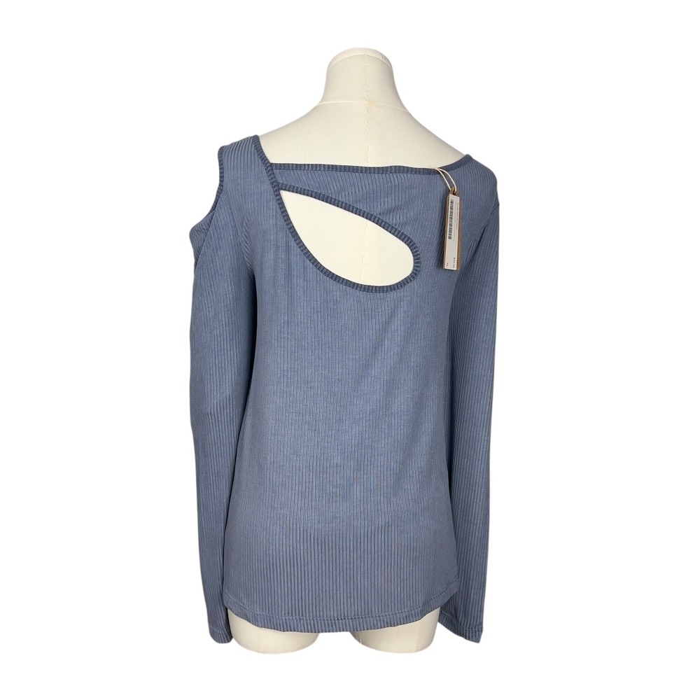 WanderLux Lyon‎ Long Sleeve Blue Ribbed Peek a Boo Key Hole Front XL Flirty Tee - Picture 5 of 7